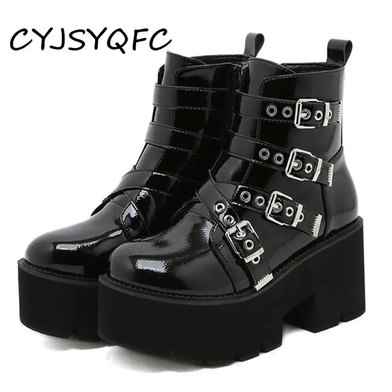 CYJSYQFC Black Soft Patent Leather Platform Ankle Boots For Women Punk Gothic Style Buckle Side Zipper Thick Bottom Short Boots