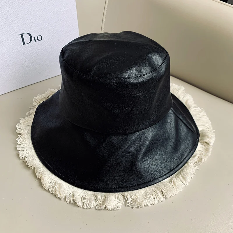 

New Winter Hat Fashion Women Pu Warm Solid Bucket Hats Unisex Fashion Single Side Fisherman Caps Tourism Accessories