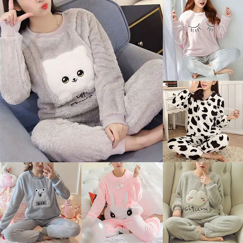 

Flannel Pajamas Women Hot Sale Autumn And Winter Thickening Warm Long-Sleeve Coral Fleece Cute Cartoon Pattern Pajamas Suit