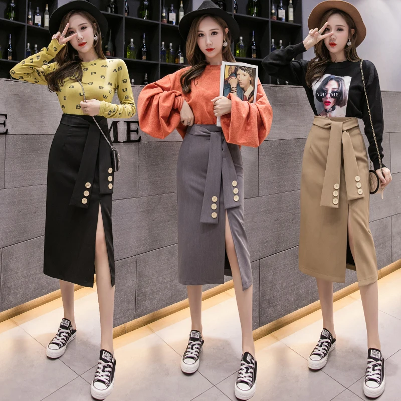 Осенняя Эстетическая Женская юбка с высоким разрезом высокая талия поясом