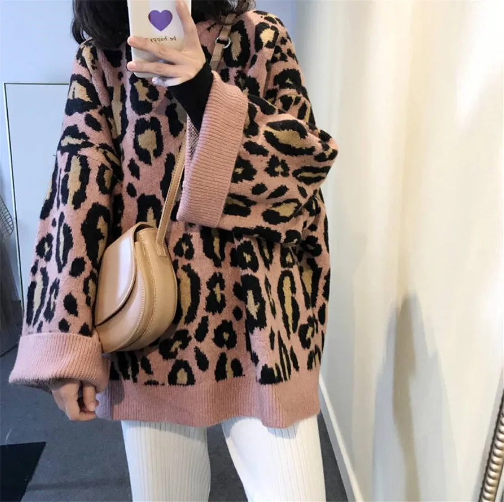 Women Sweater Autumn Winter O-Neck Leopard Print Oversized Loose Knit Casual Pullover Plus Size jumper sweter 35 | Женская одежда