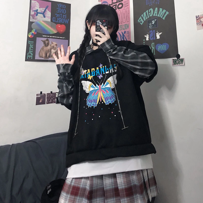 

Осенний свободный тёмный пуловер с капюшоном в стиле Харадзюку, свитшот с длинными рукавами и мультяшным принтом