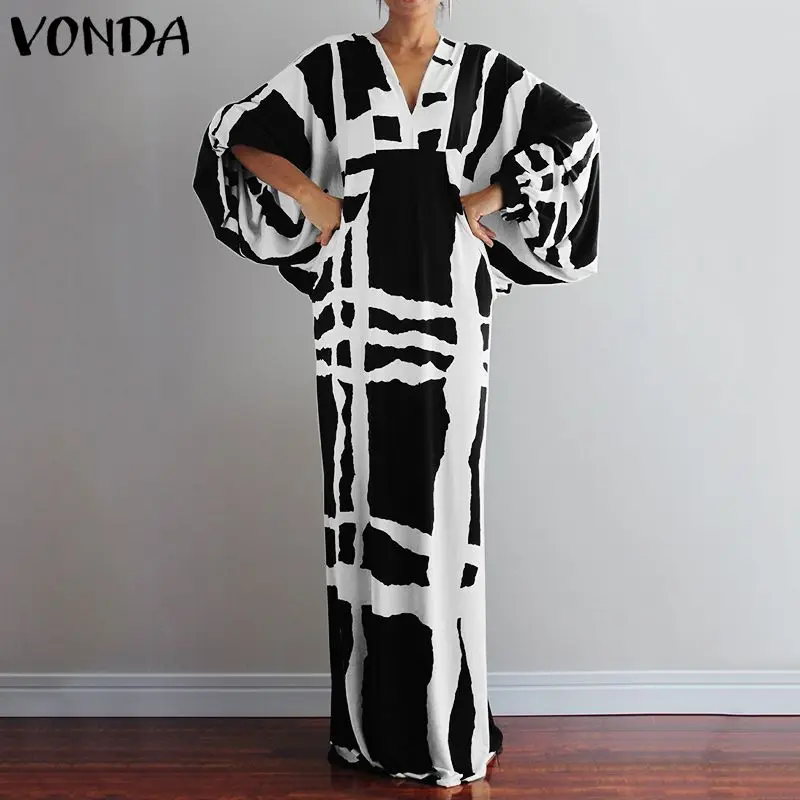 VONDA/платье большого размера, осень, сексуальные платья с v-образным вырезом и длинными рукавами, женские свободные сарафаны, повседневные богемные платья