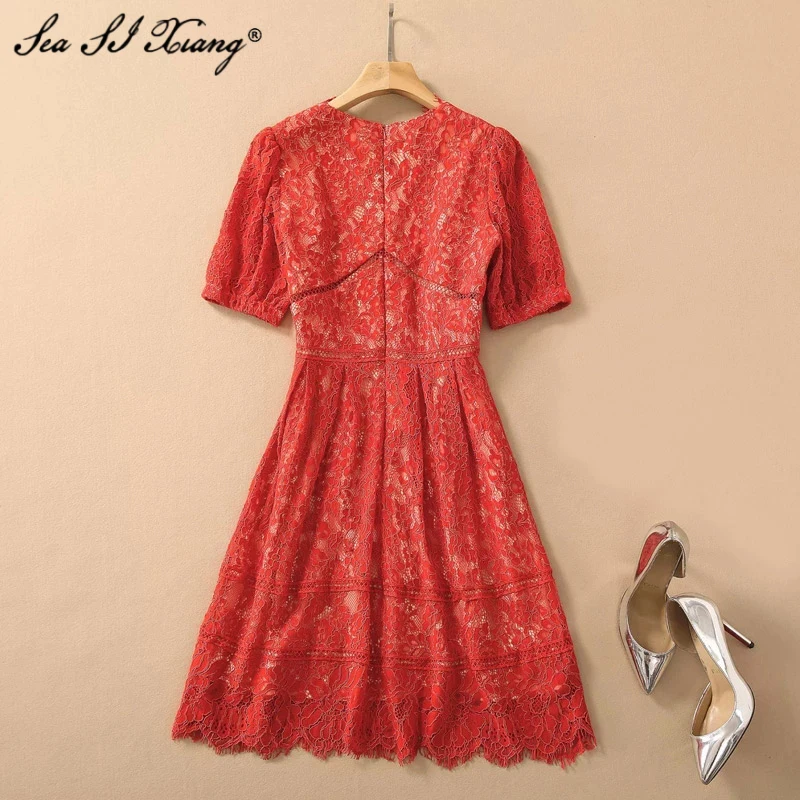 

Seasixiang Fashion Designer Summer Lace Dress Women V-neck Short Sleeve Hollow out Vintage Mini Dresses 2021 New