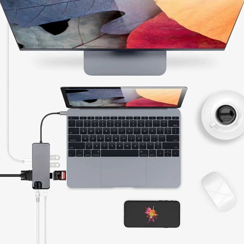 Адаптер концентратора USB C 8 в 1 док станция переключатель на HDMI VGA RJ45 1000 Мбит/с