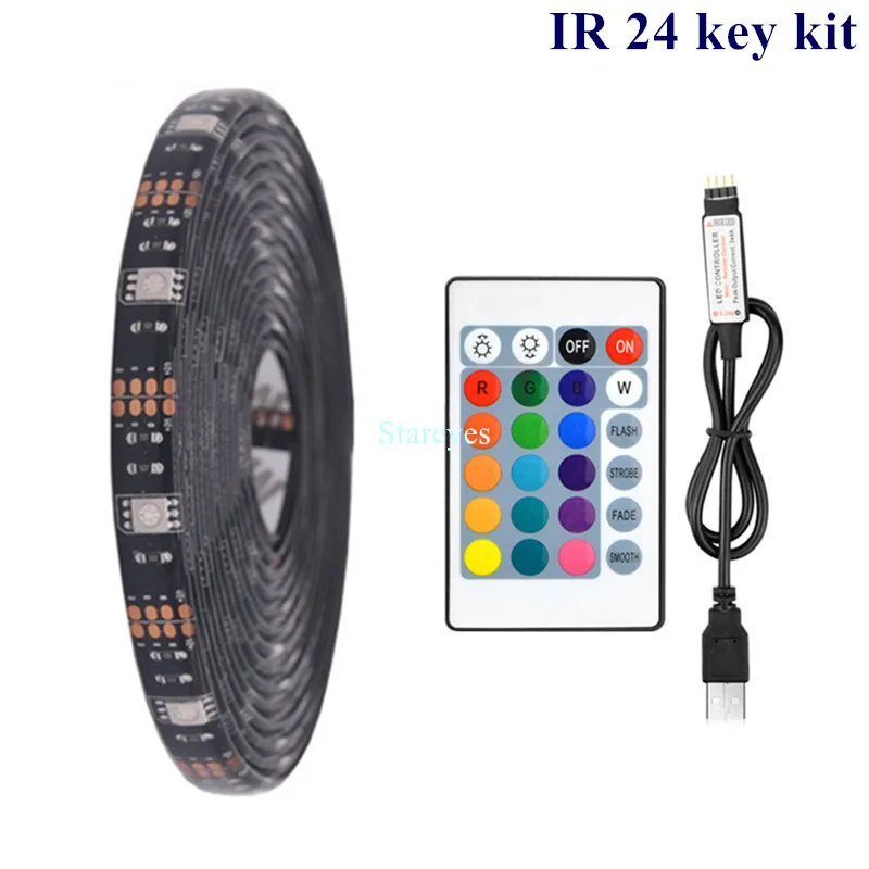 Black PCB IR24 Key SMD 5050 RGB Светодиодные ленты DC 5 В USB светодио дный полосы света Гибкие IP20 IP65 Водонепроницаемый лента 1 м 2 м 3 м 4 м 5 м Добавить пульт дистанционного управления для ТВ фон - Испускаемый цвет: Black PCB IR24 Key