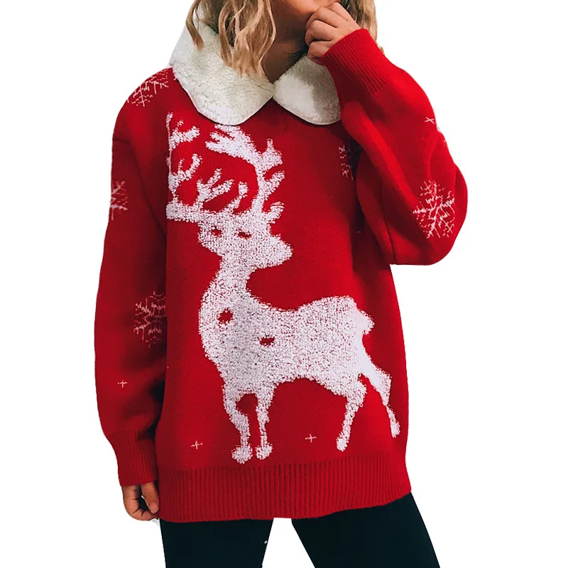 

Женский свитер с принтом оленя, пуловер с длинным рукавом, рождественские вязаные топы, джемпер с отложным воротником на осень и зиму, женск...