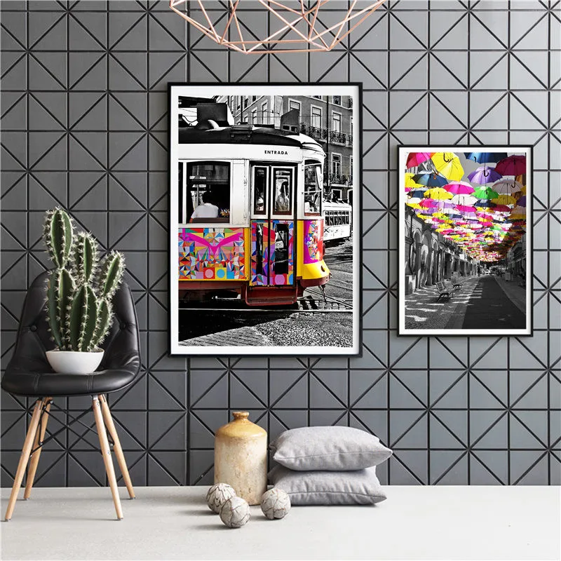 

Retro Scenery Home Decor Nordic Canvas Painting Wall Art Print Colorful Umbrella Poster Living Room Black Whit Decor Picture