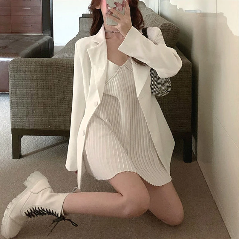 

2 Piece Set Women 2020 Autumn V-Neck Spaghetti Strap Mini Dress+Casual White Blazers Y2k Set Fashion Suit Party Korean Clothing