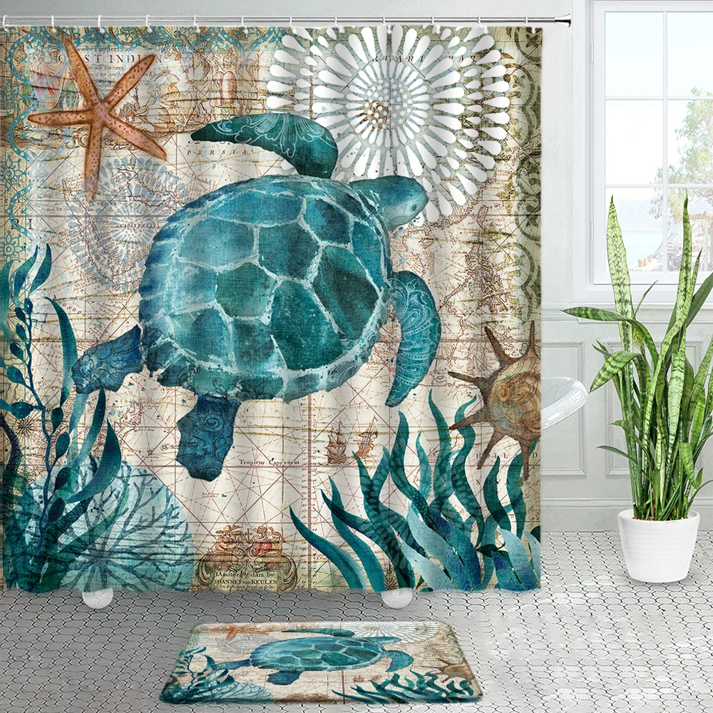 

Nautical Green Sea Turtles Beach Theme Fabric Shower Curtains Bath Mats Sets Octopus Animals Bathroom Blue Ocean Decor Door Mat