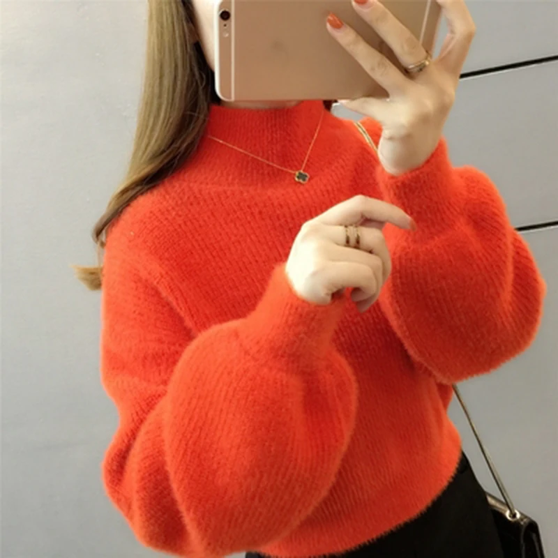 Orange red Короткий свитер фиолетовый каваи шерстяной зимний для девочек мохер осенний пуловер с рукавами-фонариками свободный кашемировый бархатный вязаный - Цвет: Orange red