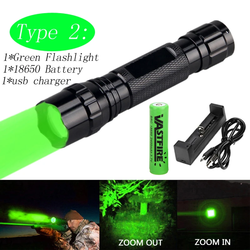 Package 2 (green) 300 ярдов Zoomable оружейный светильник зеленый/красный/IR 850nm флэш-светильник Хищник Варминт свинья охотничий страйкбол фонарь+ 18650+ USB зарядное устройство - Цвет: Package 2 (green)