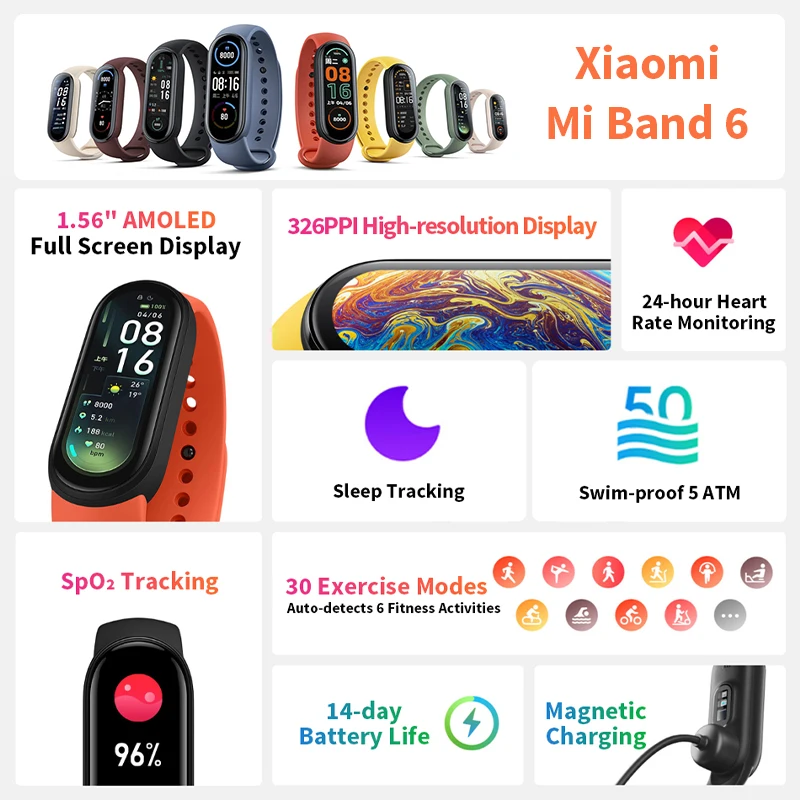 Умный Браслет Xiaomi Mi Band 6 водонепроницаемый фитнес-трекер с кислородом в крови 5