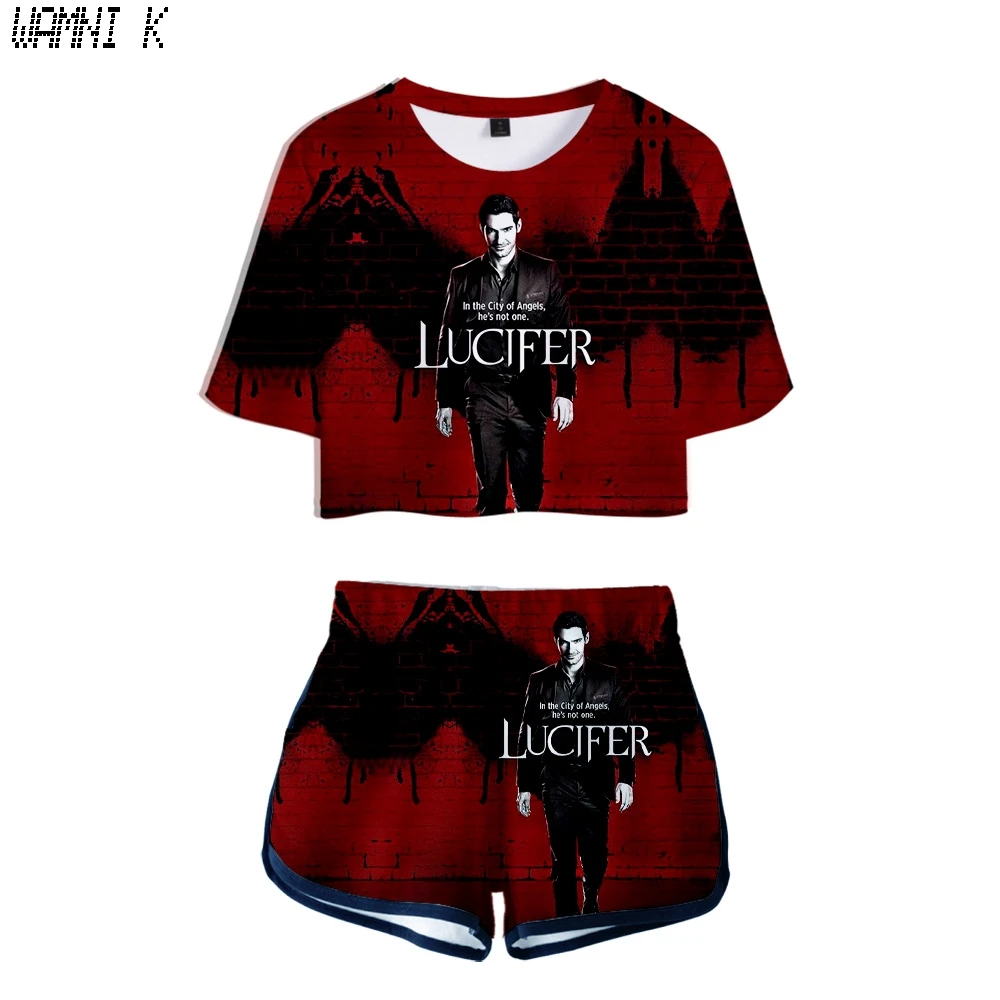 

Popular Lucifer Season 5 Women Two Piece Set Shorts+Crop Tops T-shirt Summer Harajuku Streetwear Game Girl Lucifer Season 5 Sets