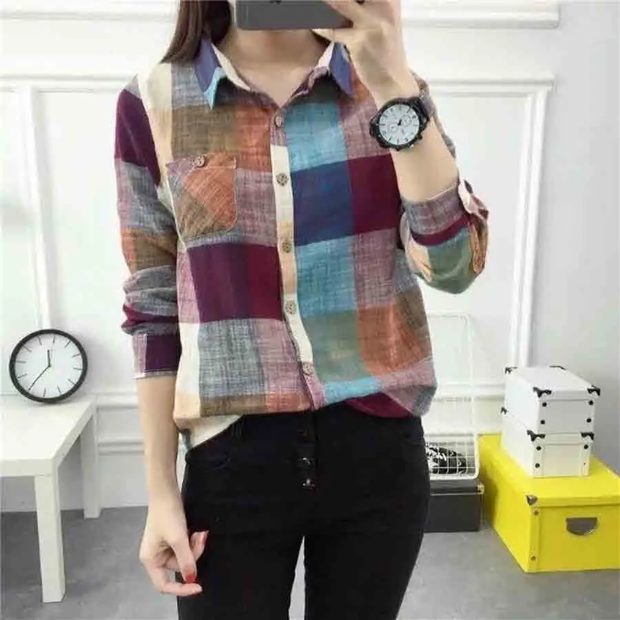 

WOSTAR korean style Fashion cotton linen plaid shirt Plus Size Female Clothes casual long sleeve blouse Plus size Feminine tops