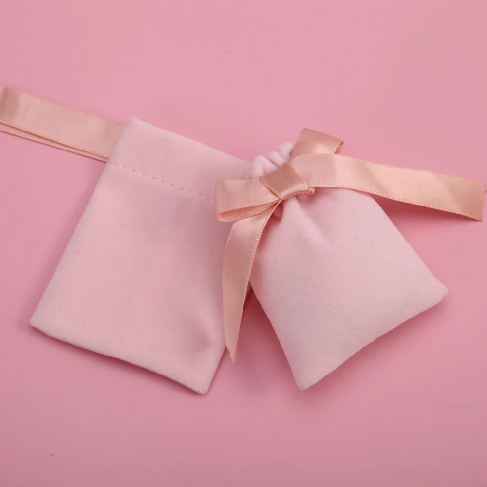 50Pcs Pink Jewelry Packaging Pouch Flannel Velvet Wedding Party Drawstring Storage Bags Personalized Custom Logo
