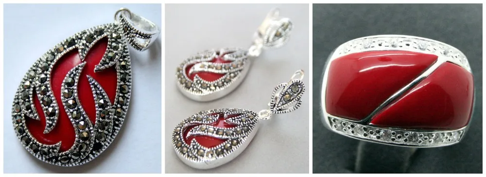 

Perfect matched Red Carved Lacquer Marcasite 925 Sterling Silver Ring(#7-10) Earrings & Pandent jewelry sets