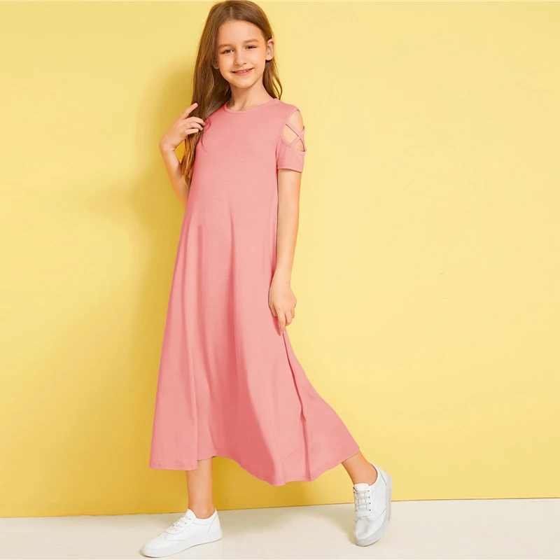 SHEIN/однотонное Повседневное платье с открытыми плечами и перекрещивающимися крест-накрест для детей; коллекция года; летние эластичные детские футболки с короткими рукавами