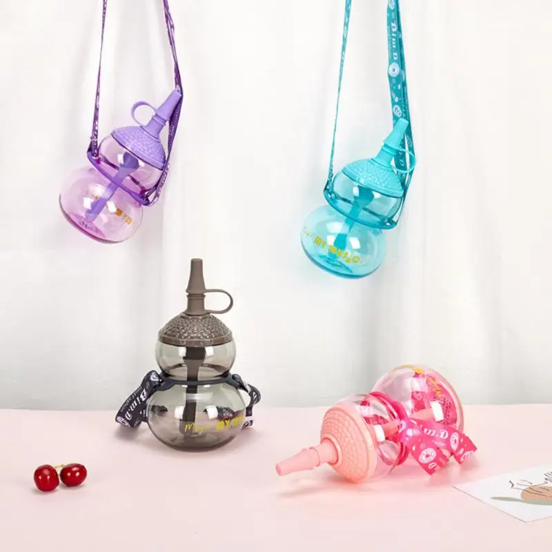 

480ML Creative Gourd Cup Cartoon Children Sippy Cup With Bottle Bottle Shoulder Ball Cup Gravity Water Baby Strap Straw