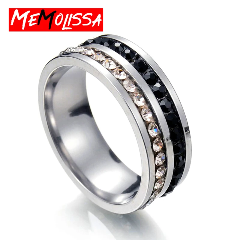

MeMolissa Black & Wihte 2 Row CZ Crystal Ring Stainless Steel High Grade Rings For Women Jewelry Gift 8MM