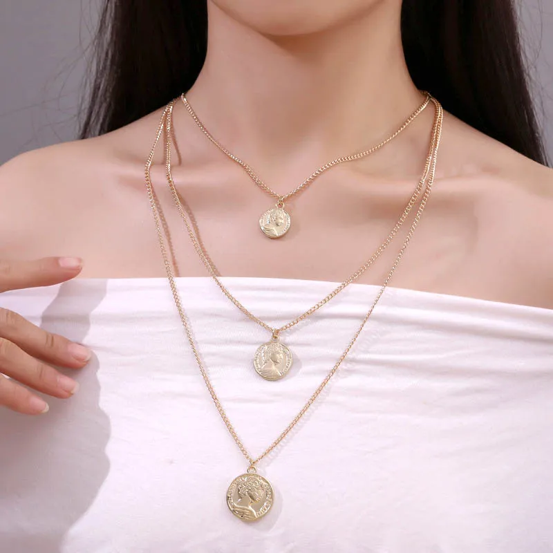 

Vintage Carved Coin Necklace For Women Fashion Gold Color Medallion Necklace Multiple Layers Pendant Long Necklaces