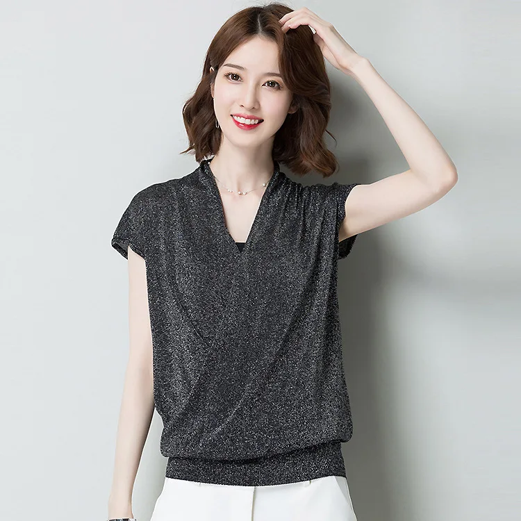 

2020 лето новый v-образный вырез большой женский корейский сплошной женский свободный короткий рукав свитер-0330