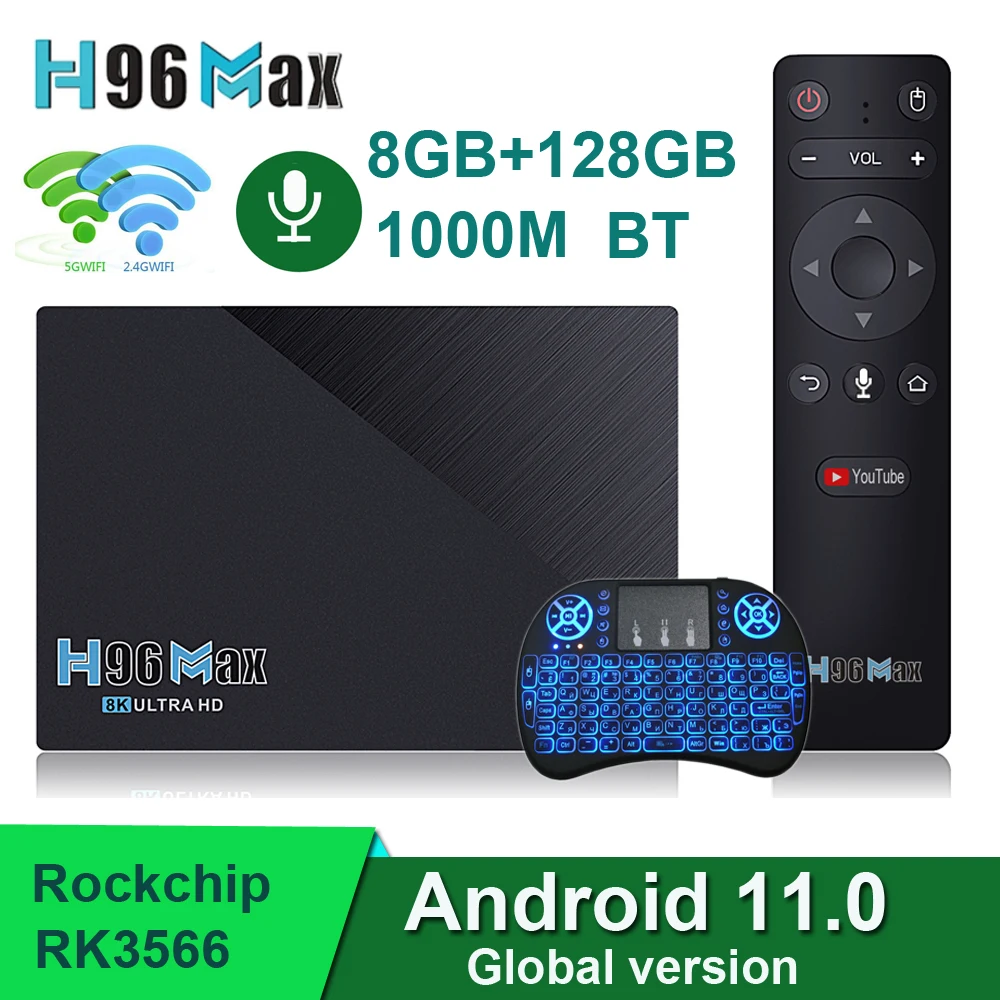 

8GB 64GB 4GB 32GB 2.4G 1000M LAN 5G Dual Wifi BT4.0 8K HDR Youtube Google Voice Remote Smart Android 11 TV Box H96 MAX RK3566