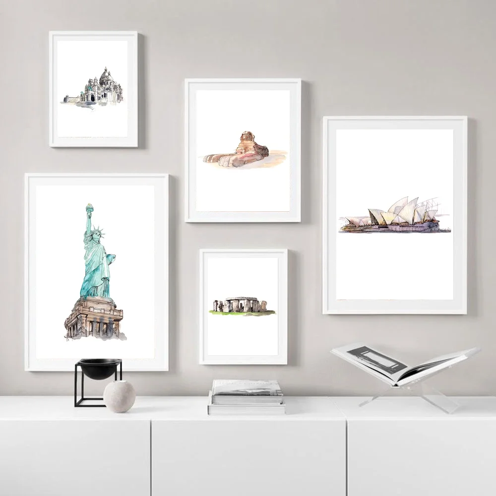 Постер Stonehenge с изображением сердечника, статуи Свободы, Сиднейский оперный театр, всемирно известные сайты, абстрактный город, Карта путешествий