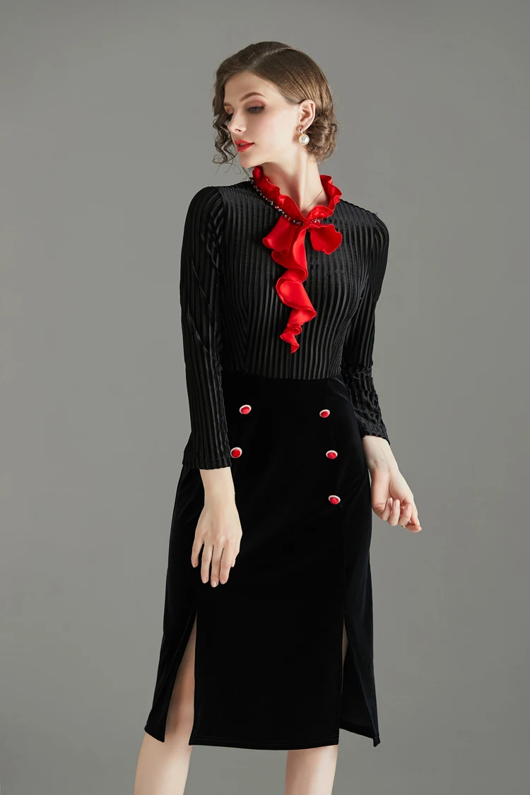 Модное подиумное женское платье с гофрированным воротником и длинными рукавами