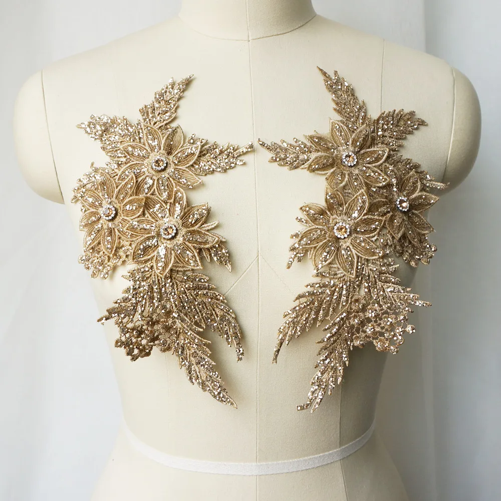 2 шт. стразы с золотыми блестками Кружевная аппликация шитье цветочная ткань