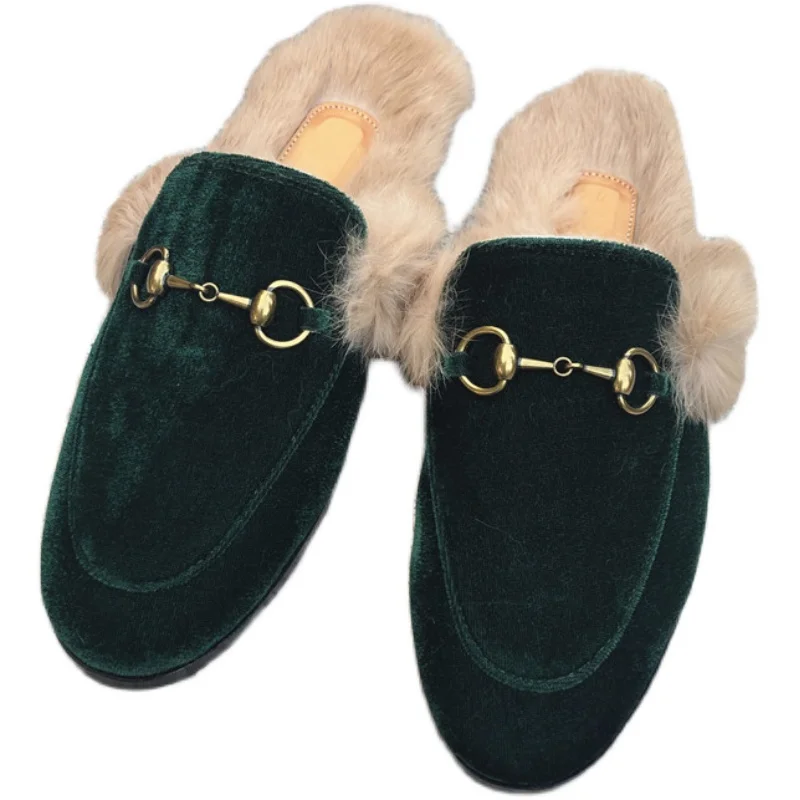 

Comfortable wool slippers women's 2020 wool velvet flat Baotou shoes horse bit buckle lazy Mueller shoes flat slippers for women