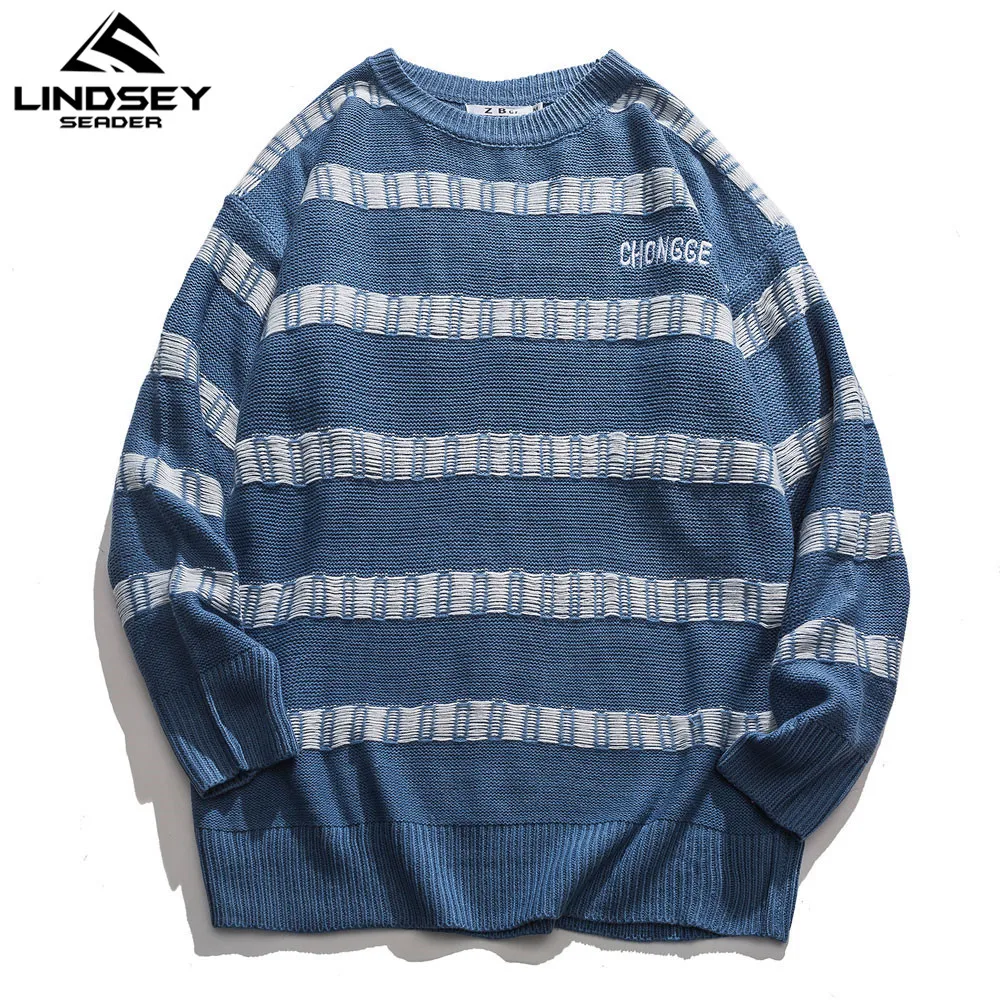 Мужской свитер в стиле ретро полоску с круглым вырезом | Мужская одежда