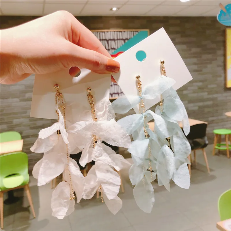 Женские шифоновые серьги тканевый лист длинные большие капли модные аксессуары