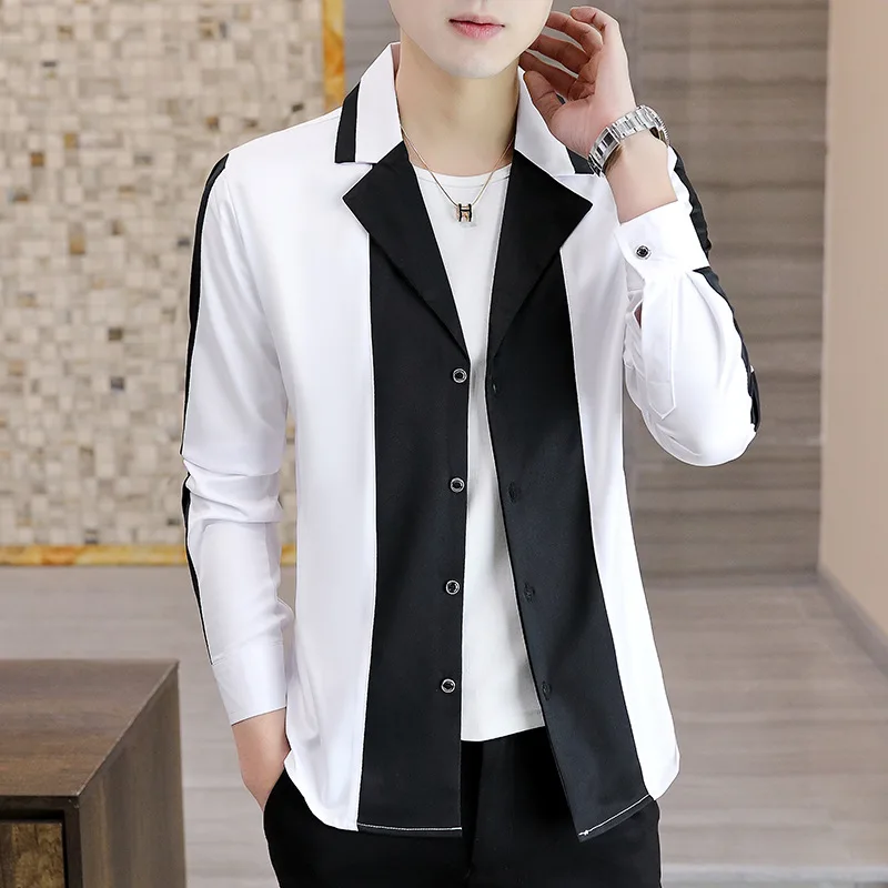 

2021 Men's Spring and Autumn Thin Trendy Color Matching blazer Youth Casual Popular Handsome Dual-Color Patchwork blazer