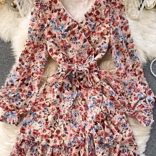 

2021 spring summer new women's V collar lantern sleeve ruffles flower print chiffon A-line dress female Chic elegant dresses