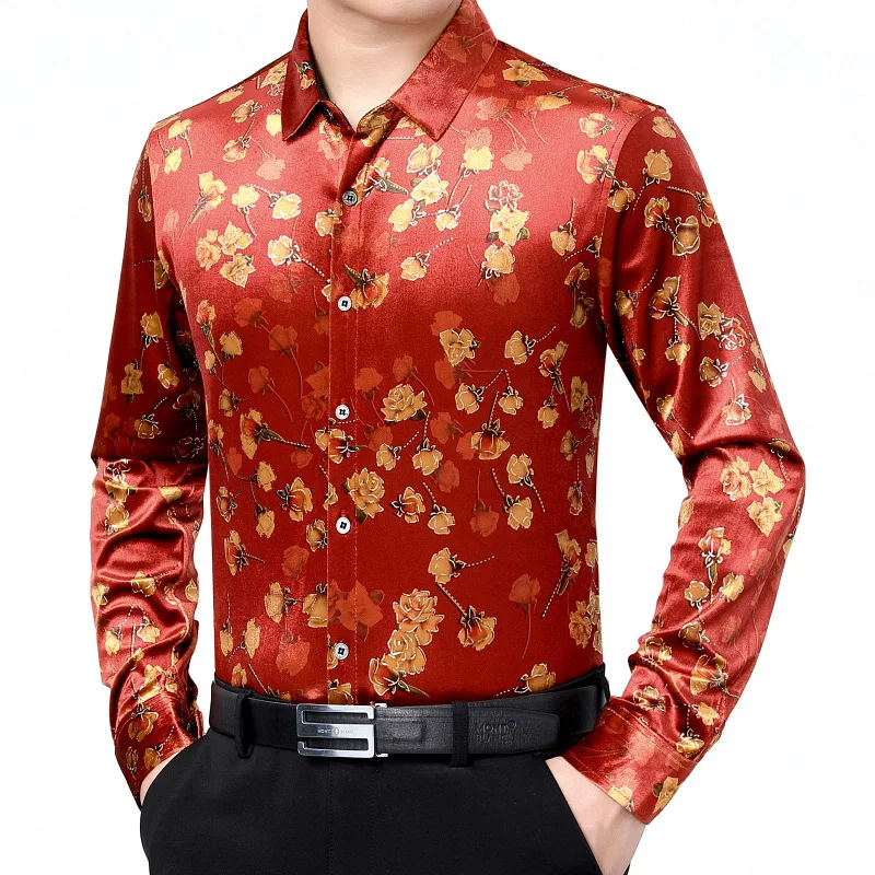 Green Gentleman Velour Clothes For Men Fashion Elegant Party Dress Red Warm Shirts Oversize Flannel Costume