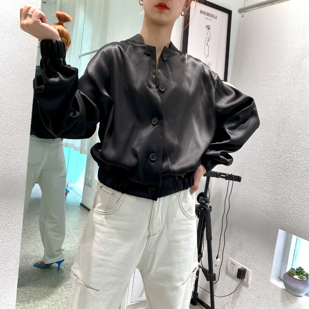 

2020 Spring New Satin Stand Collar Jacket Baseball Uniform Jacket Short Top Women