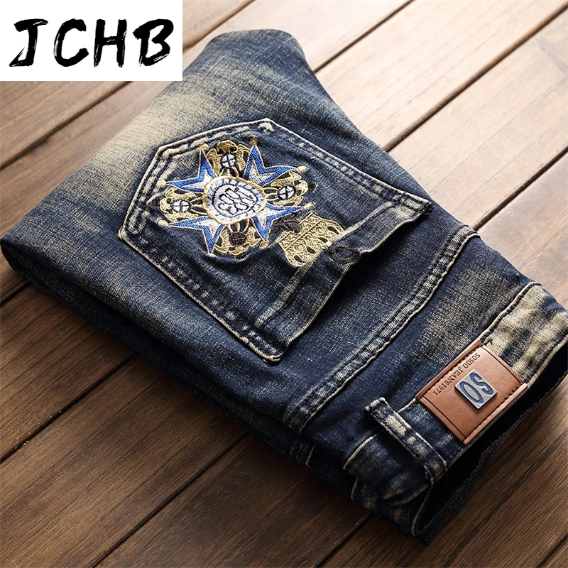 

Autumn 2021 Winter Men's Patchwork Ripped Embroidered Stretch Jeans Male Cotton Washed Pants Trendy Holes Straight Denim Trouers