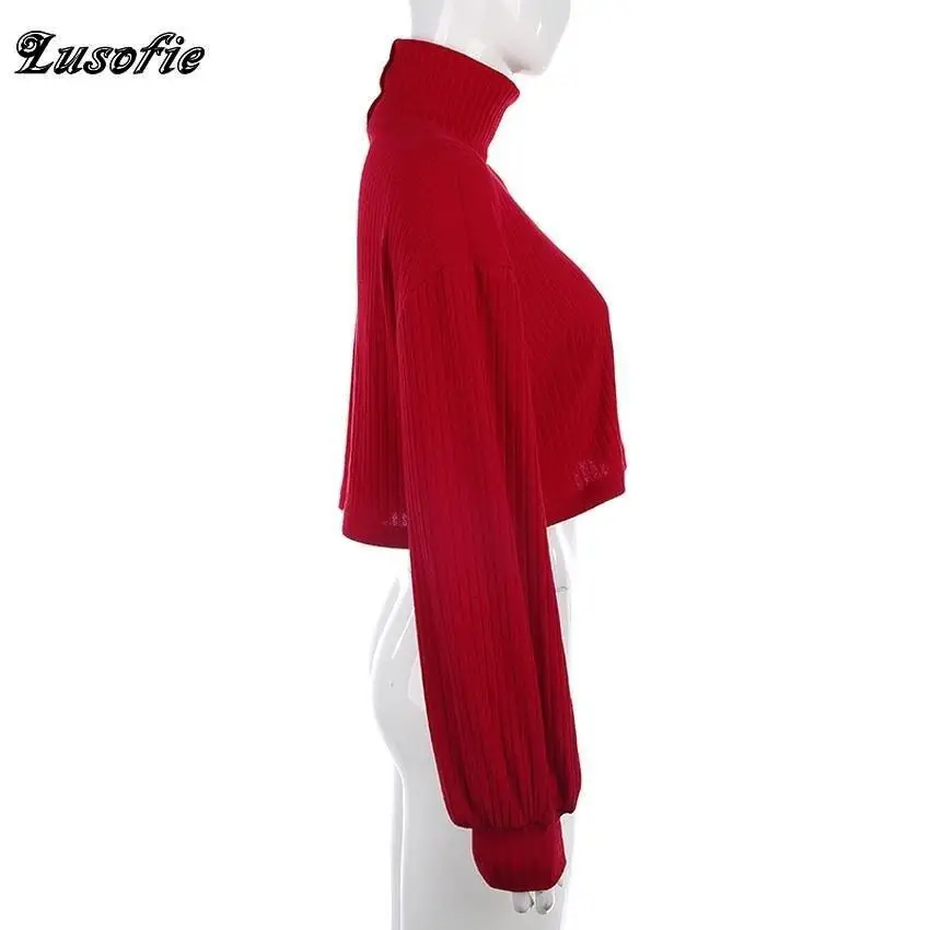 Lusofie осенний Новый красный свитер с длинным рукавом и высоким воротником