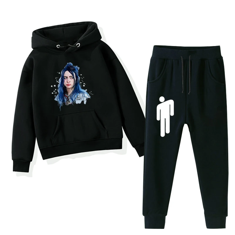 Billie Eilish принтами детская одежда длинный теплый жакет для девочки; Зимние толстовки с капюшоном для девочек+ брюки 2 шт./компл. для мальчиков-подростков, повседневная одежда, детский тренировочный костюм, комплект