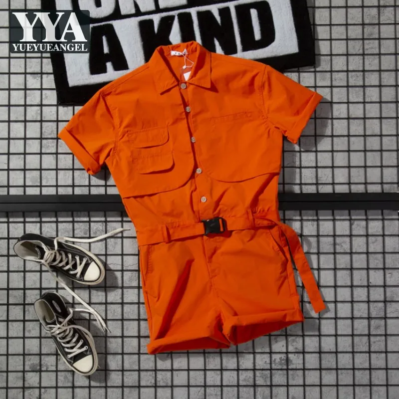 

Summer Men Short Sleeve Cargo Short Jumpsuit One Piece Casual Streetwear Hip Hop Man Overalls Rompers Shorts Belted Playsuits
