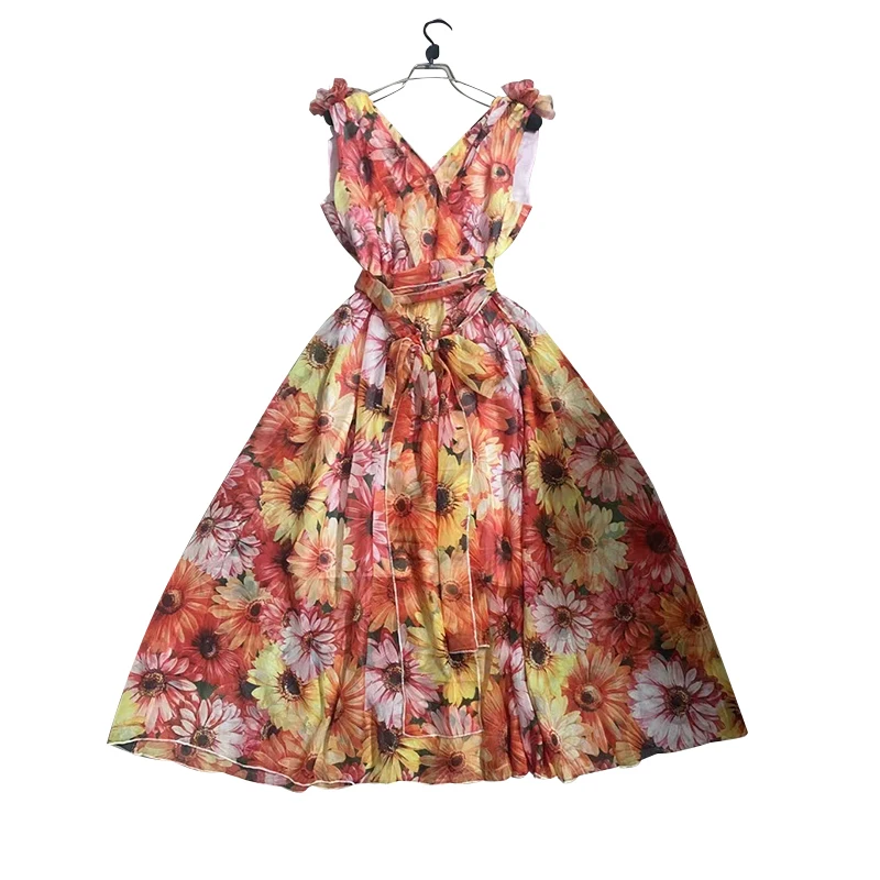 

VGH Bohemian Print Dress For Women V Neck Sleeveless High Waist Casual Slim Lace Up Midi Dresses Females 2021 Summer Fashion New