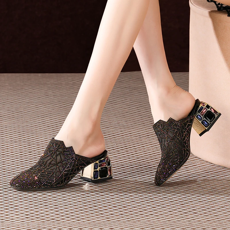 

Genuine Leather Square Toe High Heels Pumps With Crystal 2021 Spring Summer New Women Mules Party Dancing Shoes Woman
