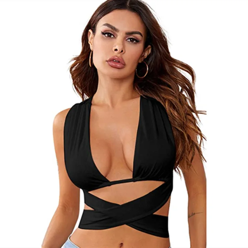 

2022 Summer Sexy Women Stretch Tops Criss Cross Band Crop Tank Solid Color Deep V Neck Off Shoulder Tanks