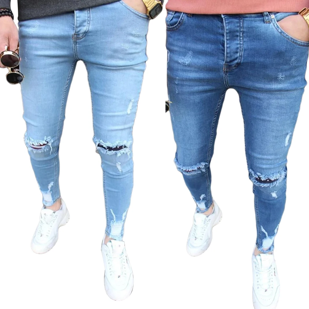 

Men Solid Color Jeans New Fashion Holes Slim Pencil Pants Sexy Casual Hole Ripped Design Streetwear 2021