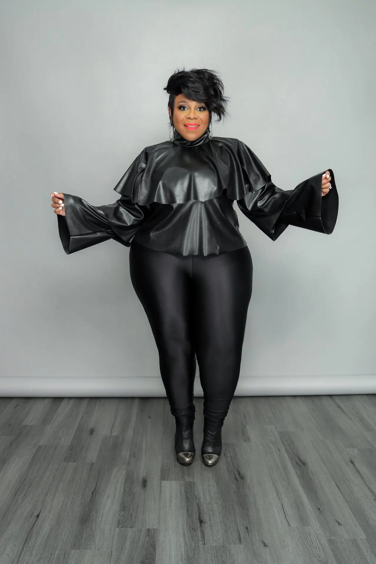 

Plus Size High Neck Tops Women Faux Leather Pu t Shirt Tee Zip Up Flare Sleeve Sexy Spring 2022 Vintage Home Clothes