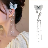 playful cute girl jewelry women summer butterfly pearl tassel earrings temperament super fairy no ear holes ear clip accessories