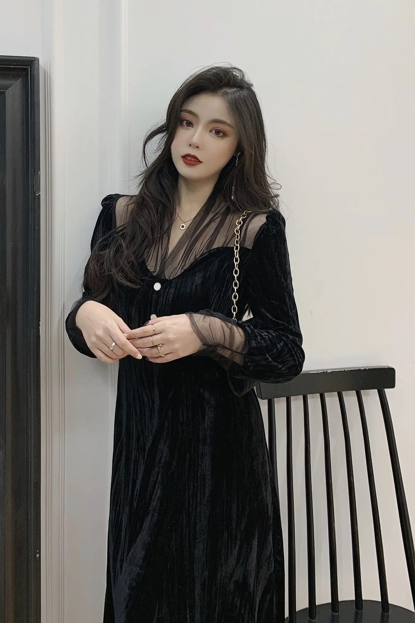 

COIGARSAM French Style Patchwork Women dress New Mesh Long Dresses Black 8518