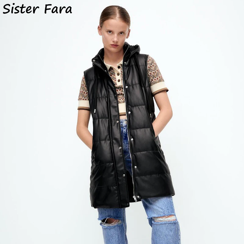 

Sister Fara 2021 Autumn Winter Long Hooded Vest Jacket Women's Single Breasted Cotton Padded Waistcoat Female Puffer Casual Vest