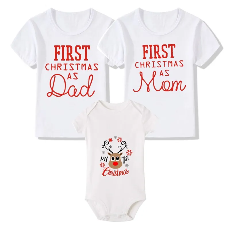 

First Christmas Dad&mom Tshirt Baby Cotton Romper Mommy Daddy and Baby Kids 1st Christmas Family Matching Clothes Outfit QT-1942